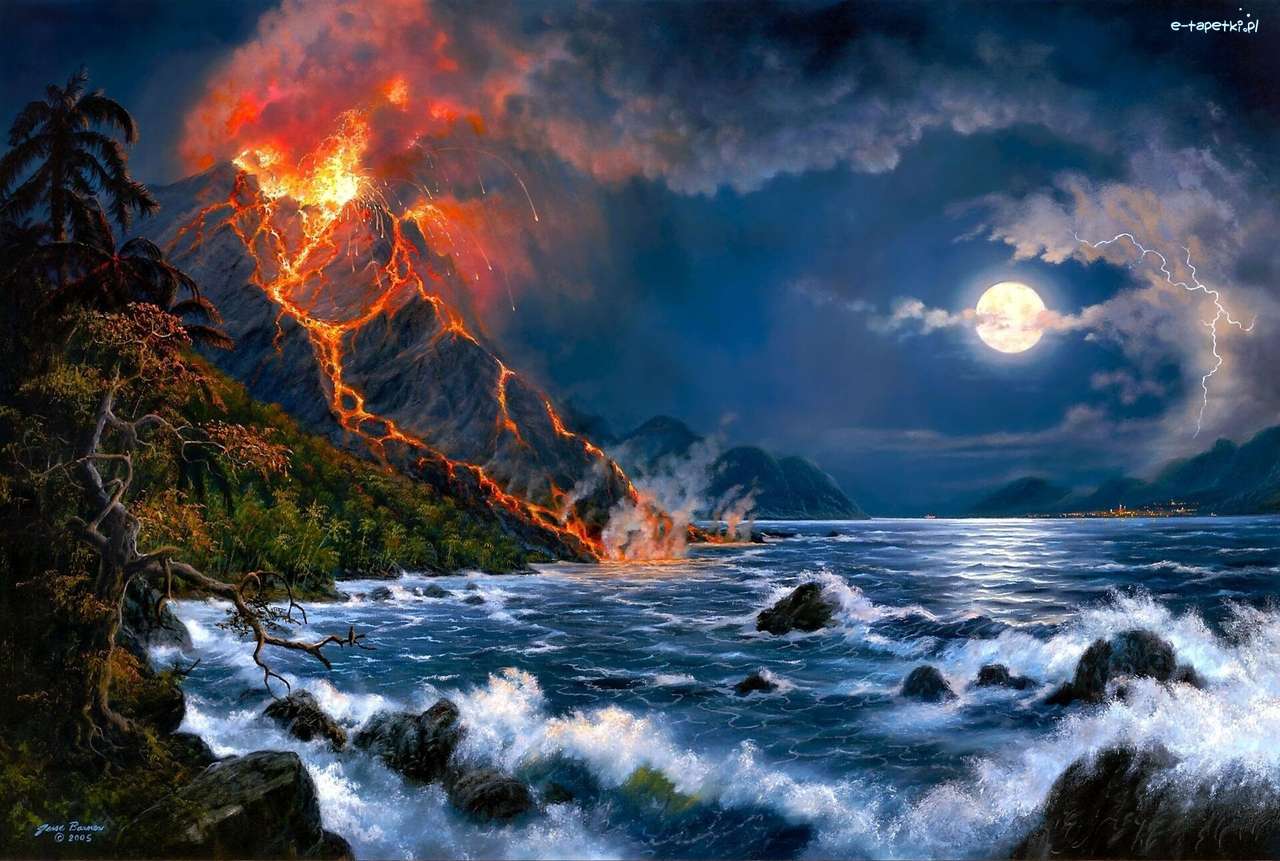 wulkan nocą nad morzem puzzle online