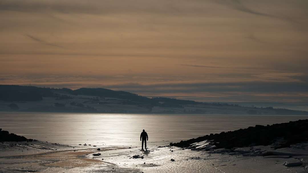 sylwetka 2 osób spacerujących po plaży podczas zachodu słońca puzzle online