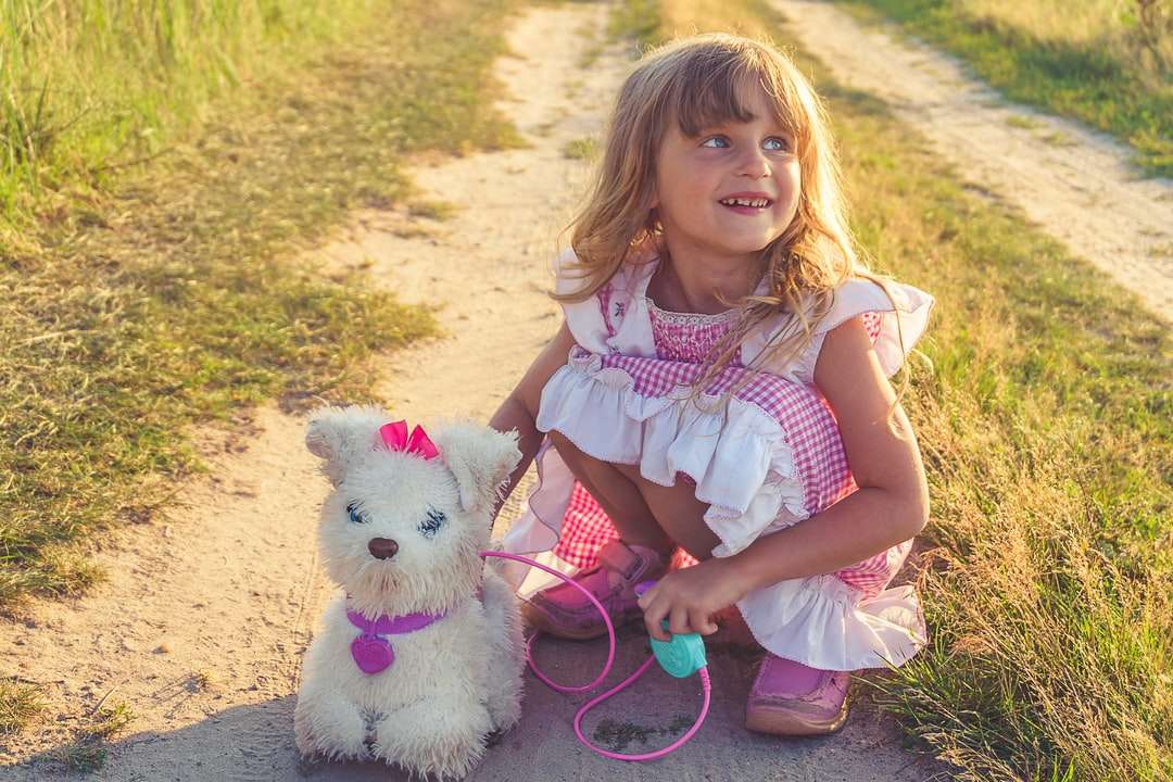 dziewczyna w różowo-białej sukni trzymając biały pies pluszowa zabawka puzzle online