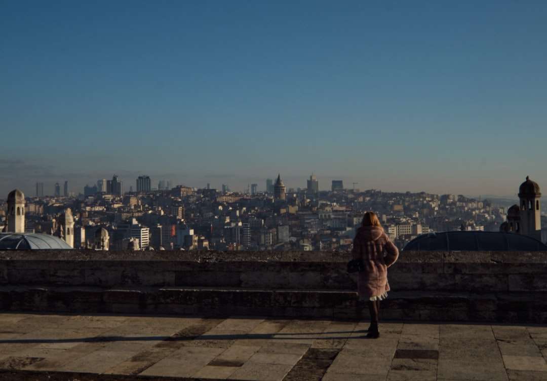 kobieta w brązowym płaszczu stojąca na szczycie budynku puzzle online