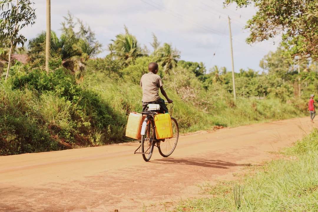 kobieta w brązowej sukience, jazda na rowerze na polnej drodze puzzle online