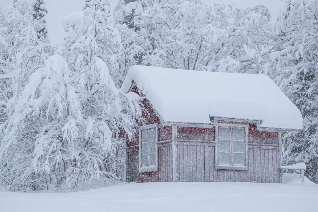 brązowy drewniany dom pokryty śniegiem puzzle online