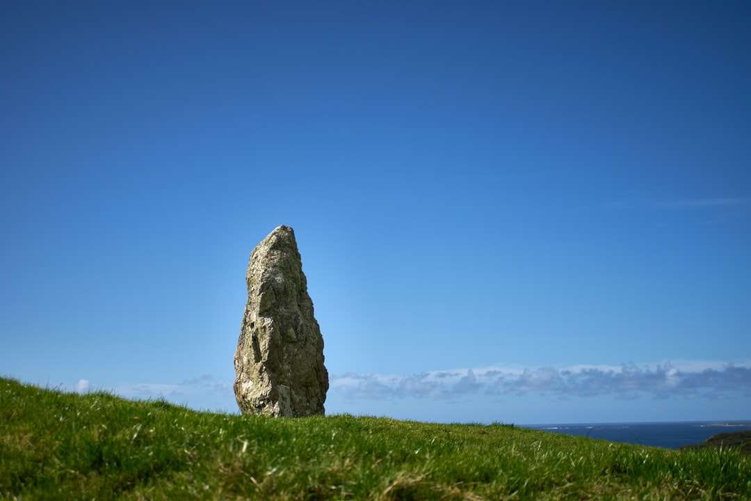 szara formacja skalna na polu zielonej trawie pod błękitnym niebem puzzle