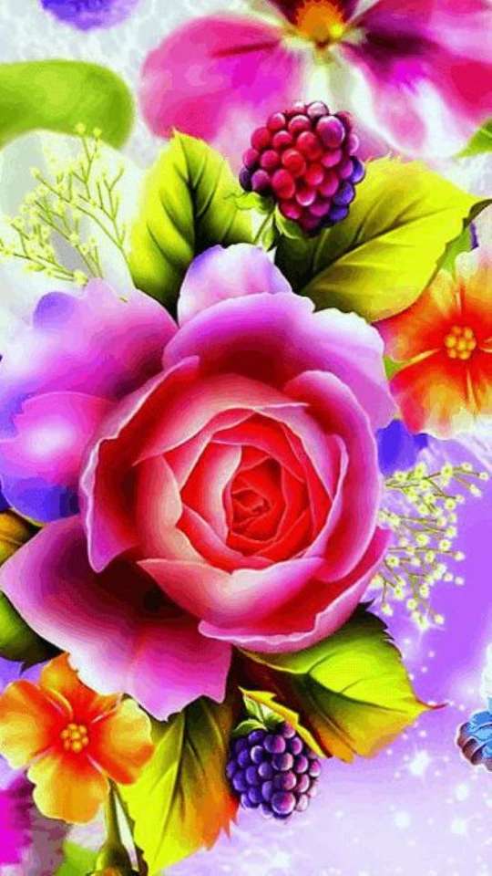 Rosa rosa-violeta con flores y bayas - Puzzle Factory