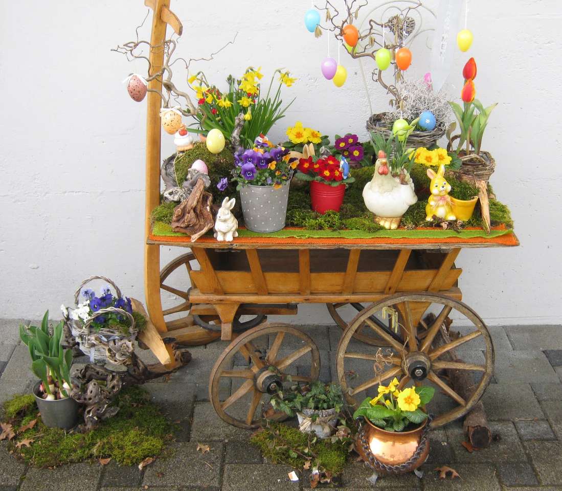 Wielkanocna dekoracja wielkanocna na wózku drabinkowym puzzle online