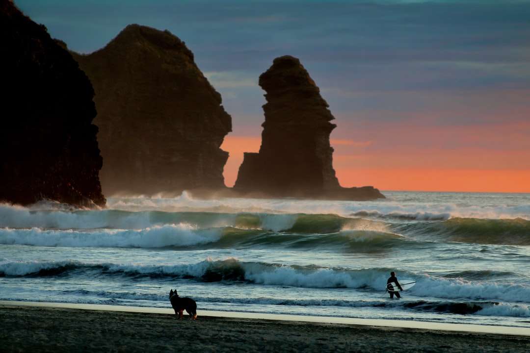 Sylwetka 2 osób chodzących na plaży podczas zachodu słońca puzzle online