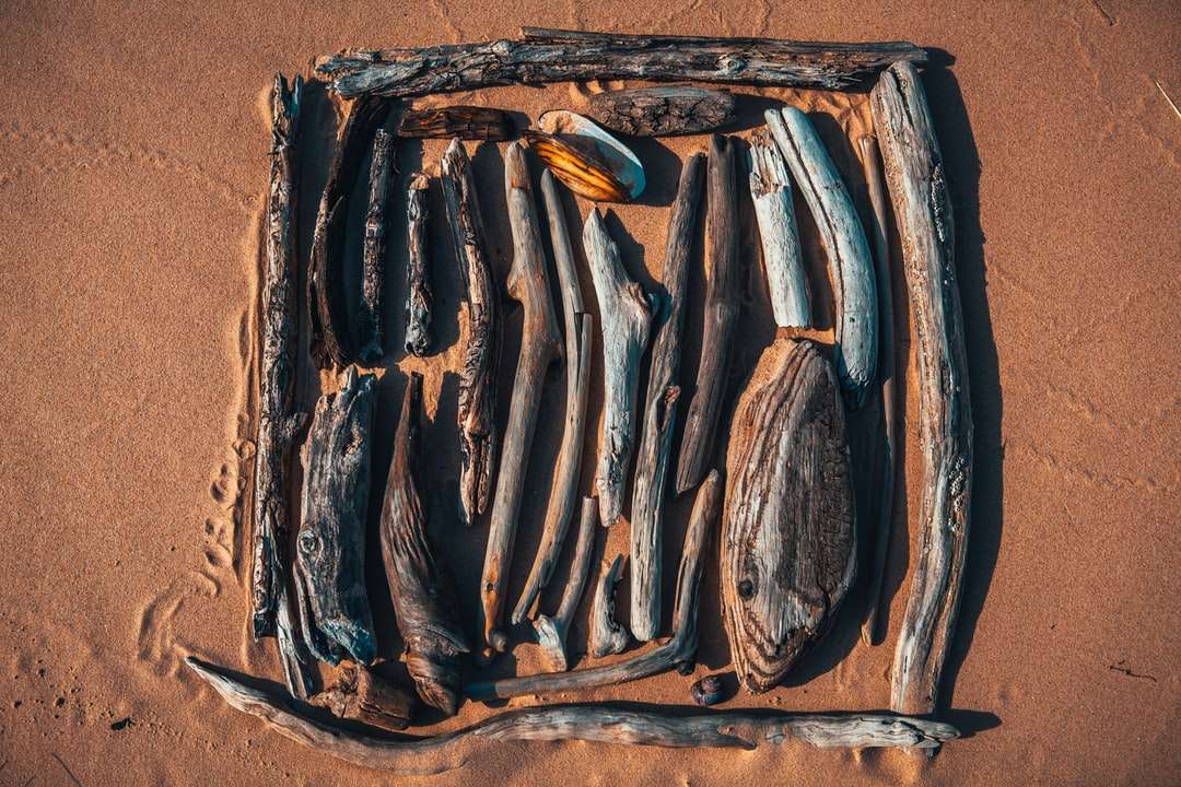 Brązowy i czarny drewno na brązowym piasku puzzle online