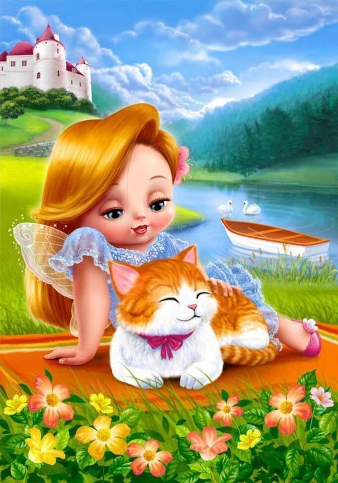 Mała dziewczynka i jej kot na skraju jeziora. puzzle online