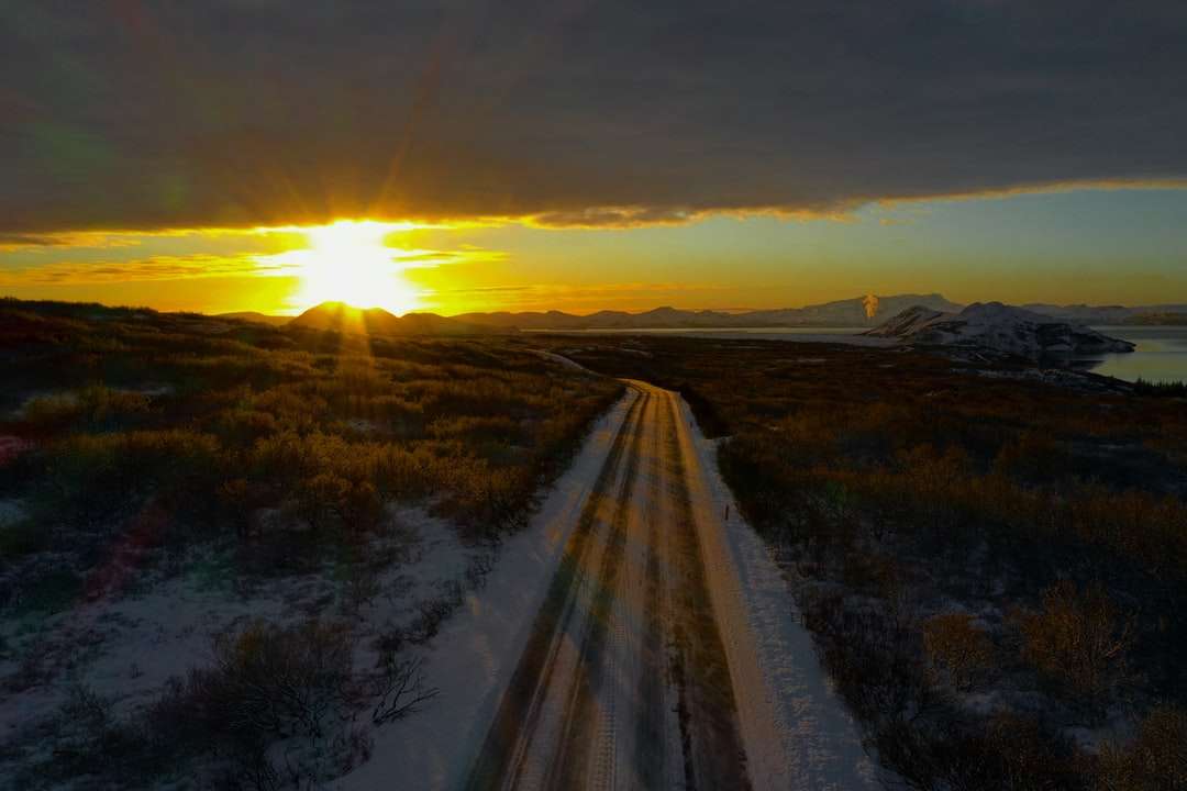 Szara droga między zielonym polem trawy podczas zachodu słońca puzzle online