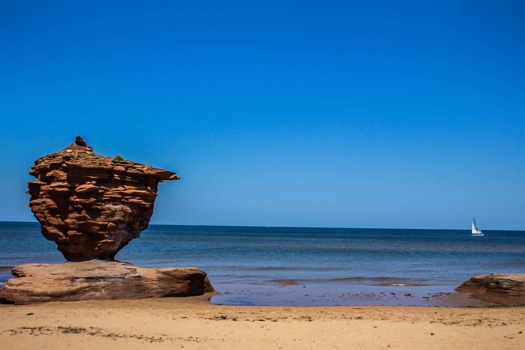 brązowa formacja skalna na plaży w ciągu dnia puzzle online