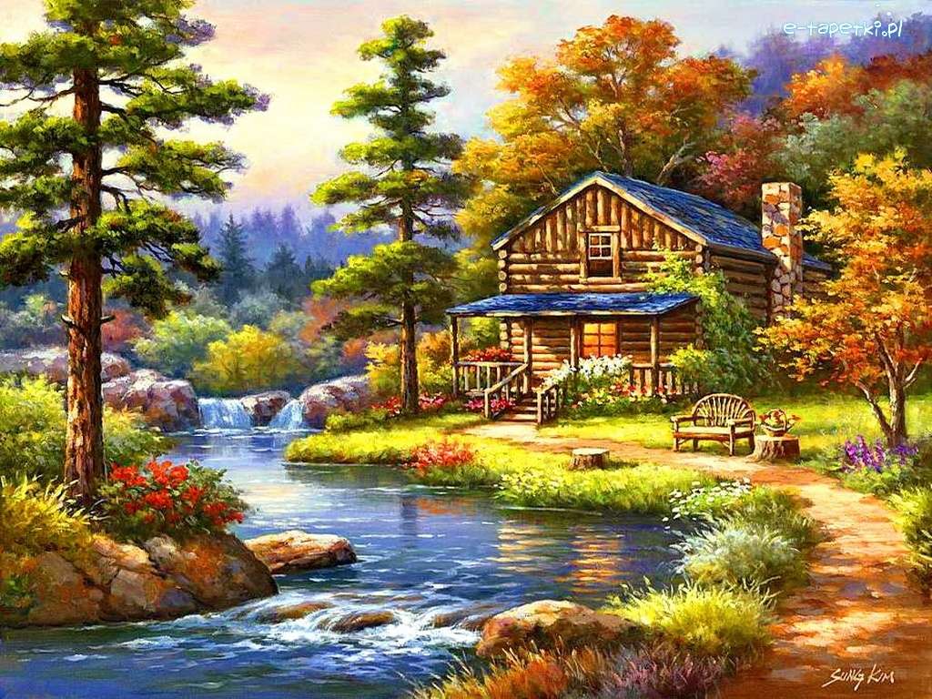 dom w lesie przy  rzece puzzle online