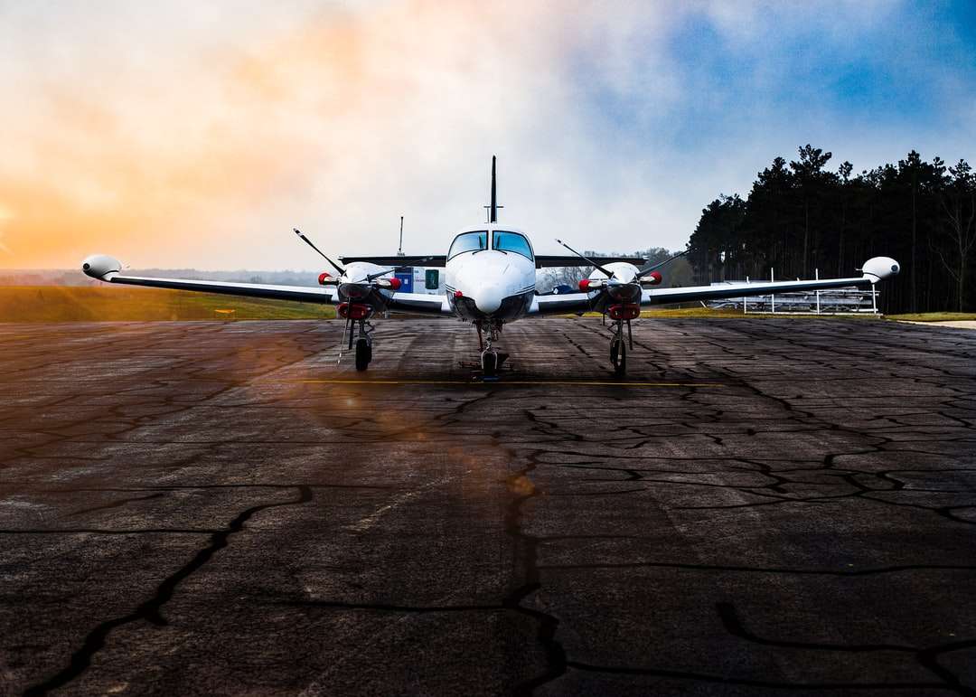 Biały samolot na brązowym polu pod szarymi chmurami puzzle online