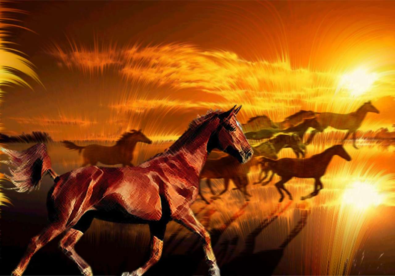 Konie biegną gdy wschód słońca puzzle online