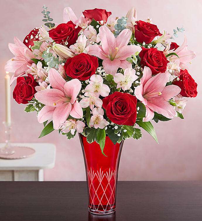 Bukiet różowy i czerwony w czerwonej szklanej wazie puzzle online