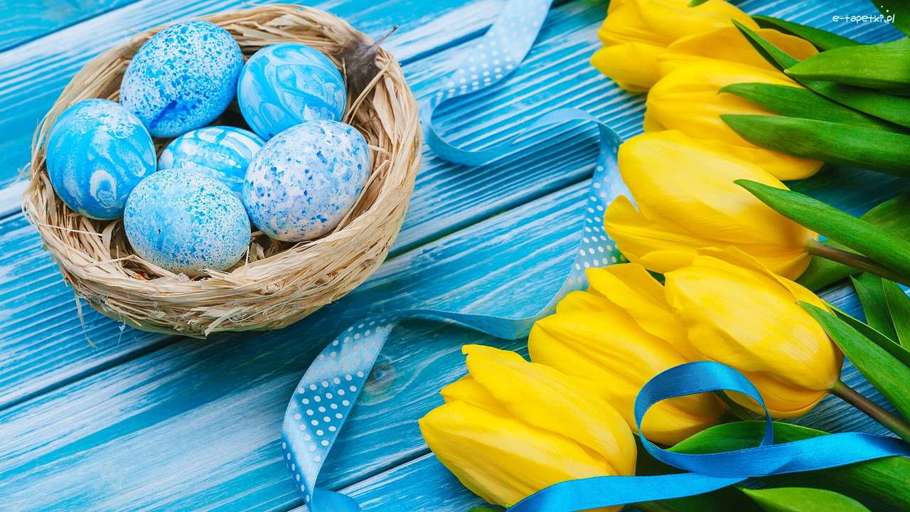niebieskie tulipany, żółte tulipany puzzle online