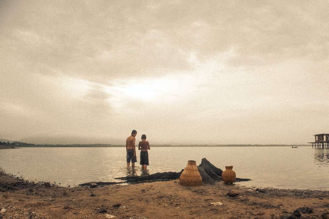 Ludzie stojący na brązowym piasku w pobliżu wody puzzle online