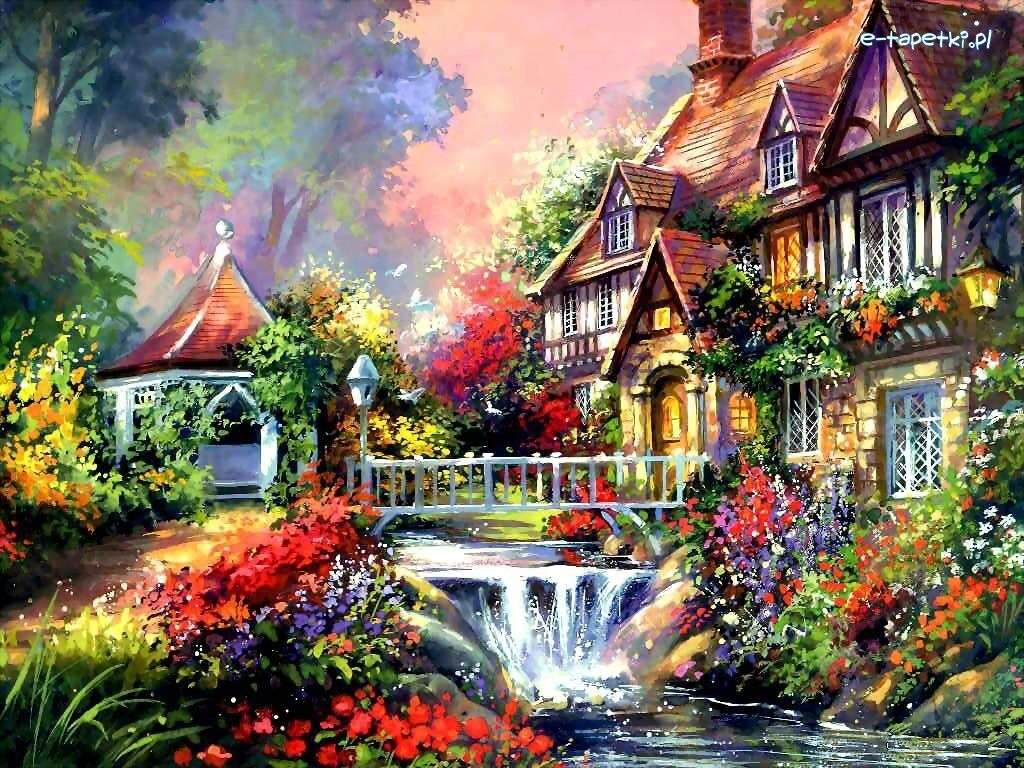 dom, altanka, mostek z rzeką i rośliny kwitnące puzzle online