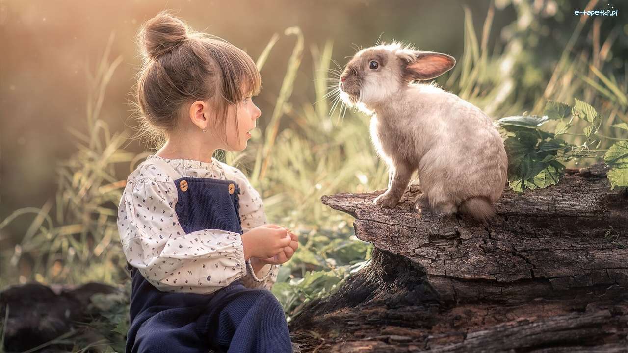 królik wpatrzony w dziewczynkę puzzle online