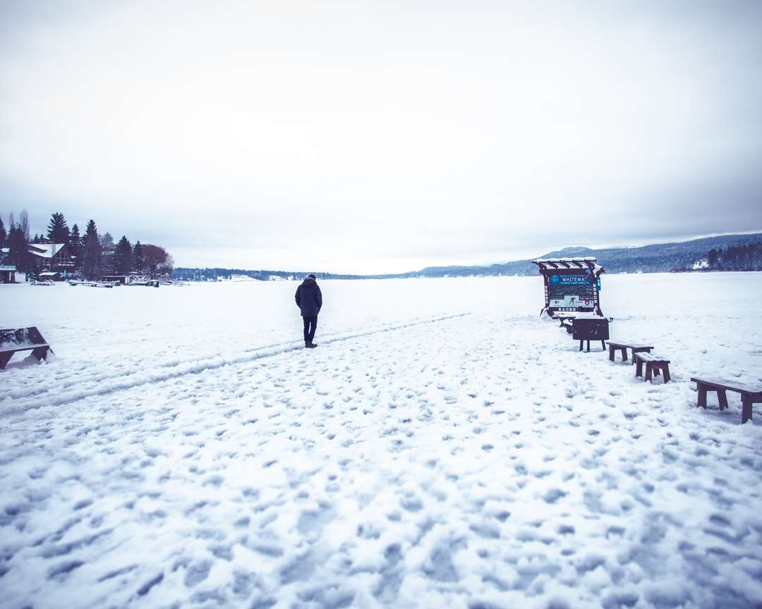 Osoba chodzi na śniegu pokryte ziemią w ciągu dnia puzzle online