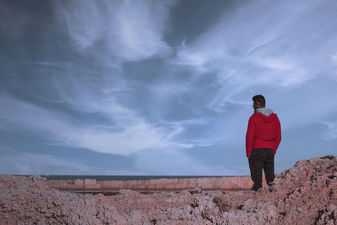 Mężczyzna w czerwonej bluzie stoi na brown skale pod szarymi chmurami puzzle online