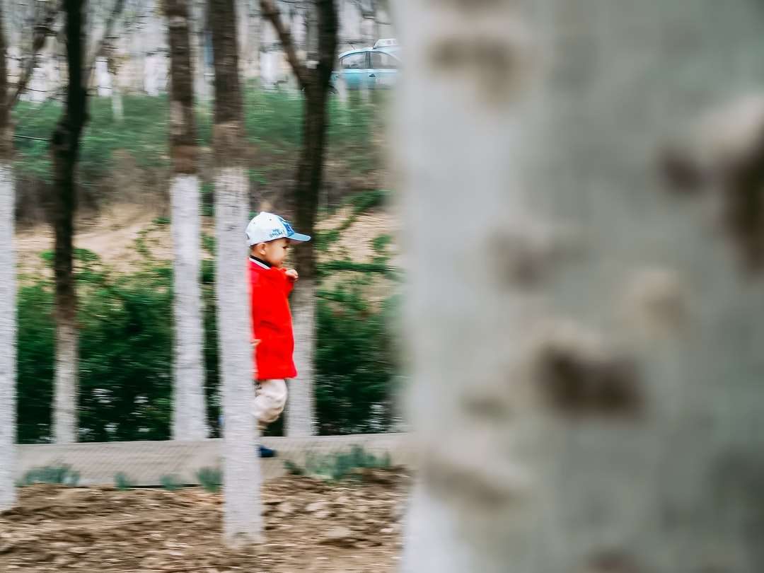 Osoba w czerwonym i białym kapeluszu Santa stojących w pobliżu drzew puzzle online