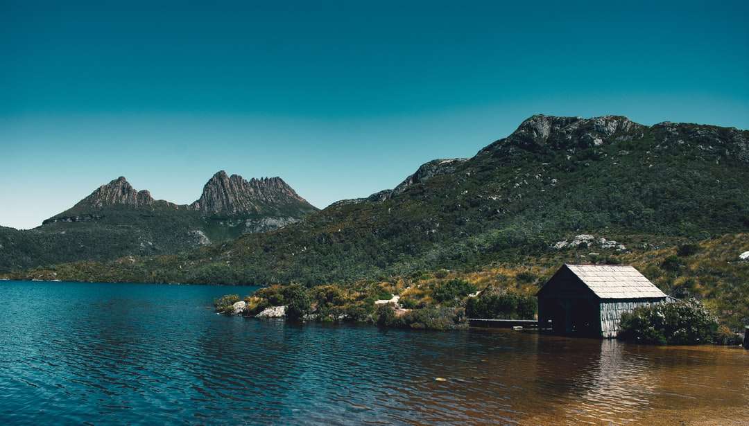 Brązowy drewniany dom na jeziorze blisko zielonej góry puzzle online