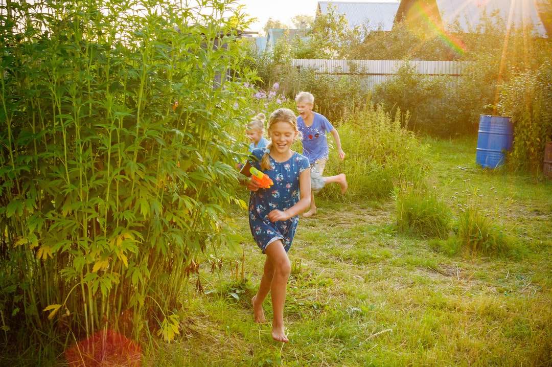 Dziewczyna w błękitnej i białej koszula stoi na zielonej trawy polu puzzle online