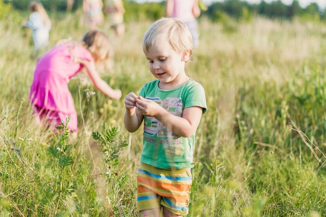 Dziewczyna w różowej koszulce stoi na zielonej trawy polu puzzle online
