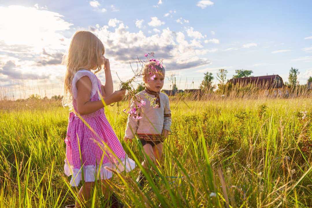 Dziewczyna w różowej i białej sukni stoi na zielonej trawy polu puzzle online