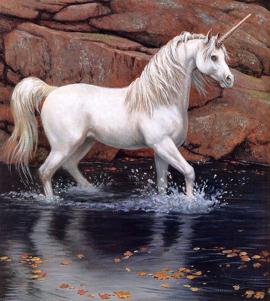 Biały koń spacerujący w jeziorze puzzle online