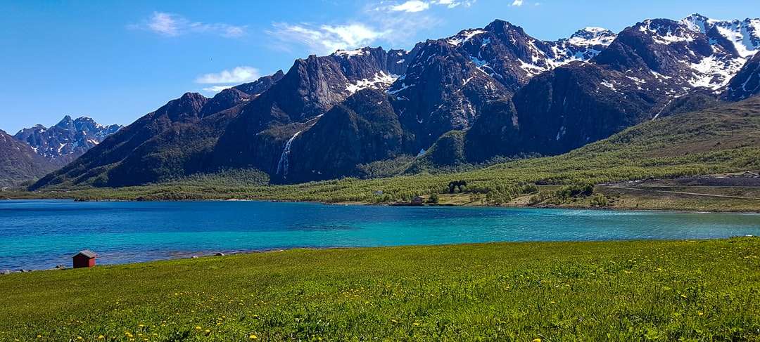 Zielona trawa pole w pobliżu jeziora i śnieg pokryte górą puzzle online