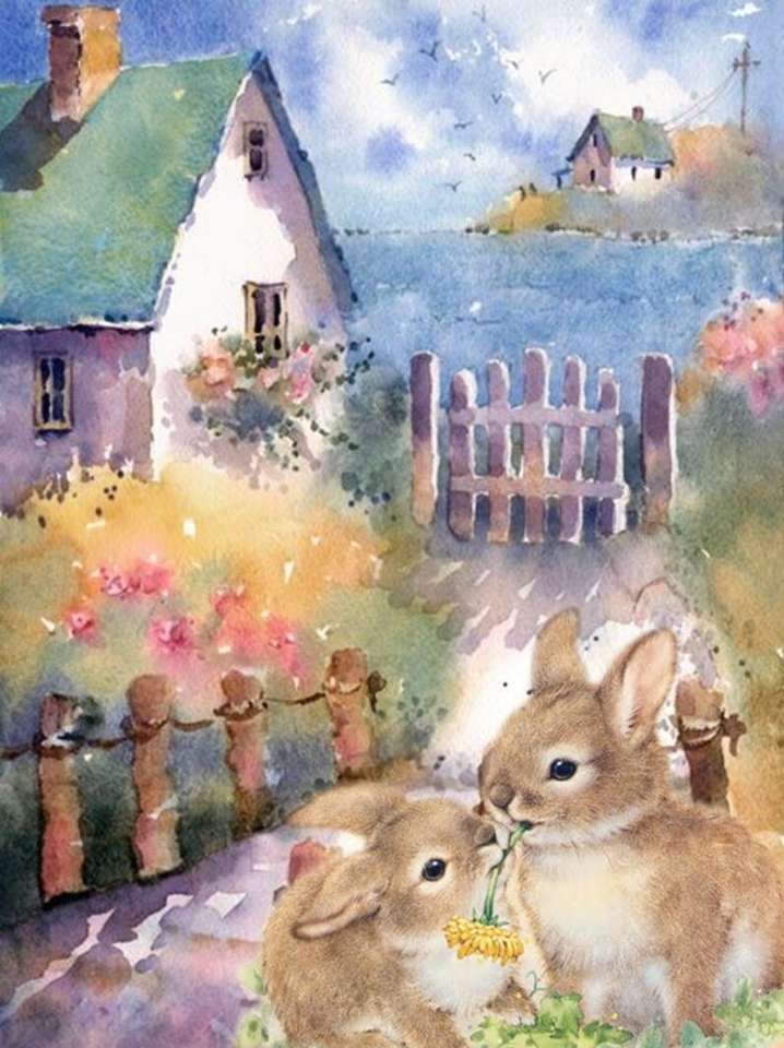 Mama królika i jej mało przed domem puzzle online