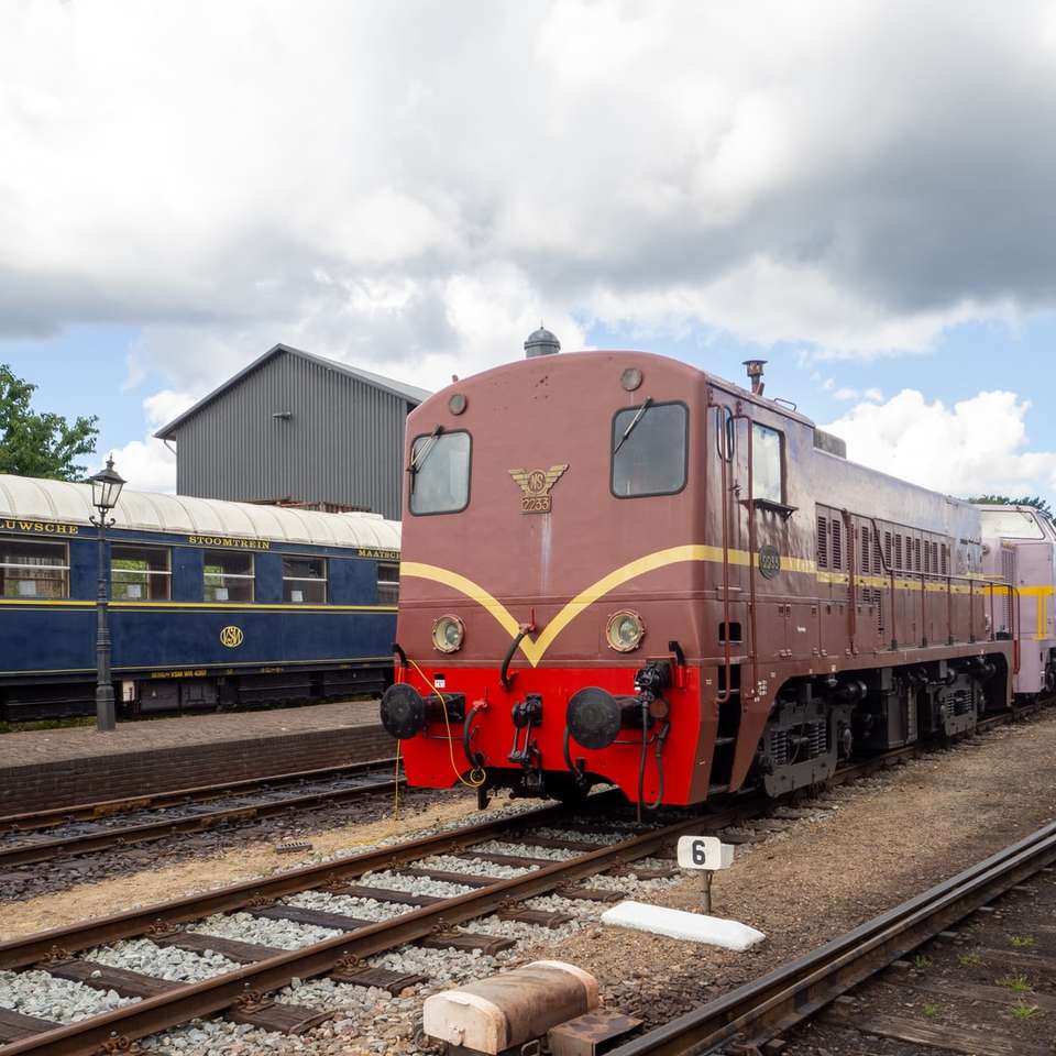 Niebieski i czerwony pociąg na torach kolejowych pod zachmurzonym niebem puzzle online