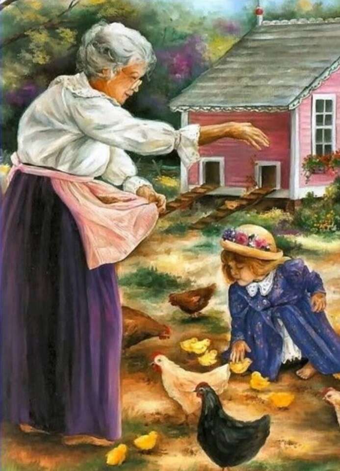 Daj jeść z kurczakami z babcią puzzle online