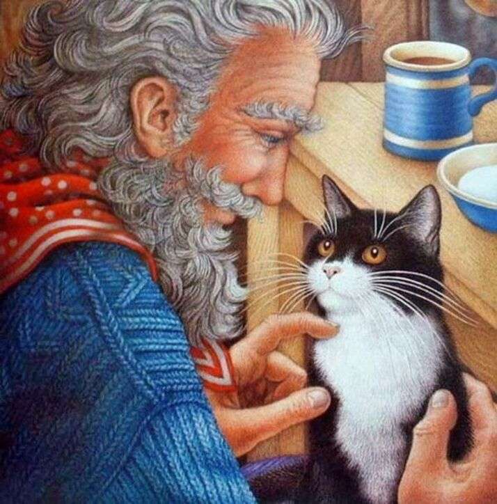 Stary człowiek i jego kot puzzle online