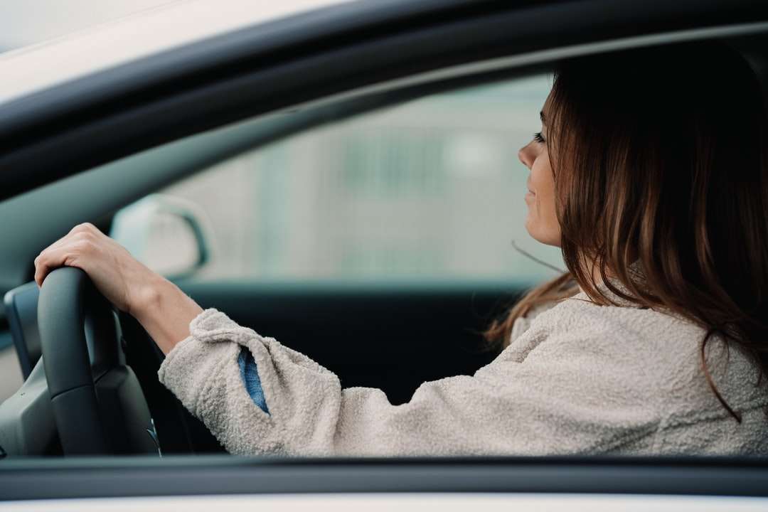 Kobieta w szarego kapturem siedzi wewnątrz samochodu w ciągu dnia puzzle online