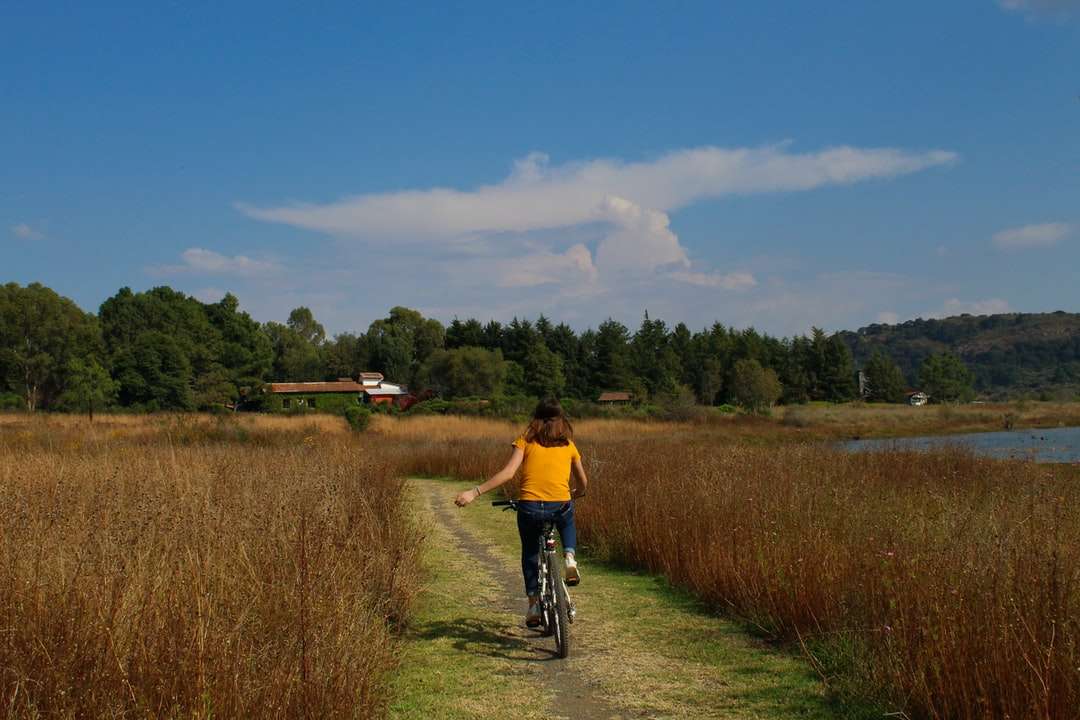 Mężczyzna w żółtej koszuli jazdy bicyklu na zielonej trawy polu puzzle online