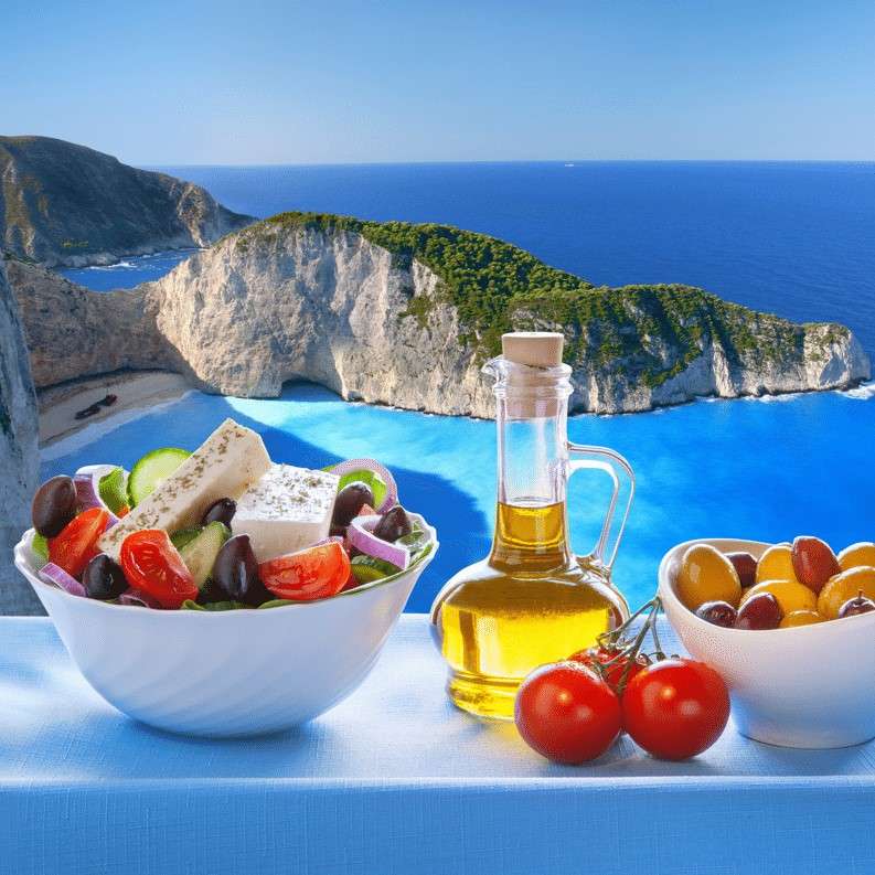 Jedzenie z widokiem na wyspę w Grecji puzzle online