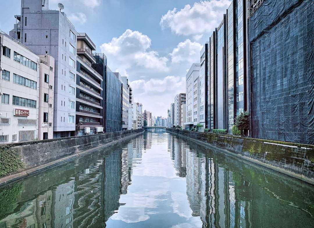 Ciało wody między wysokimi budynkami pod błękitnym niebem puzzle online