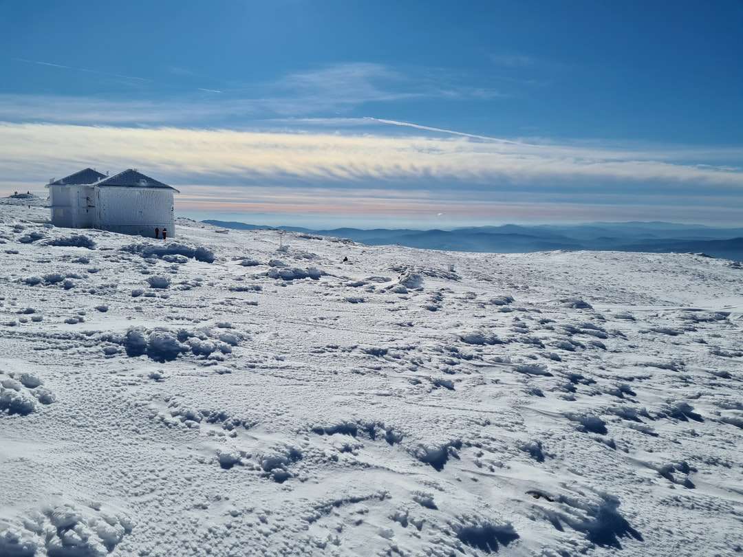Biały i szary dom na pokryte śniegiem ziemi pod błękitnym niebem puzzle online