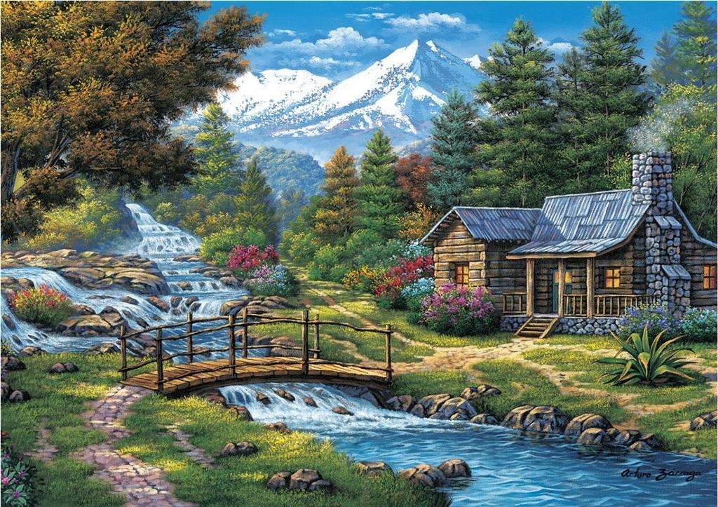Dom nad rzeką w górach puzzle online