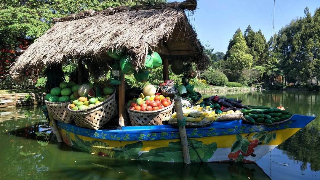 Brązowa buda Nipa otoczona owocami na zielonej drewnianej łodzi puzzle online