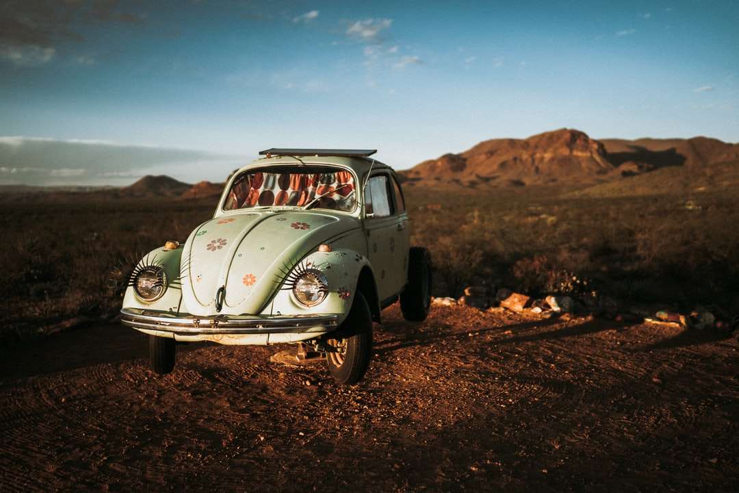 Biały Volkswagen Beetle na brązowej ziemi w ciągu dnia puzzle online