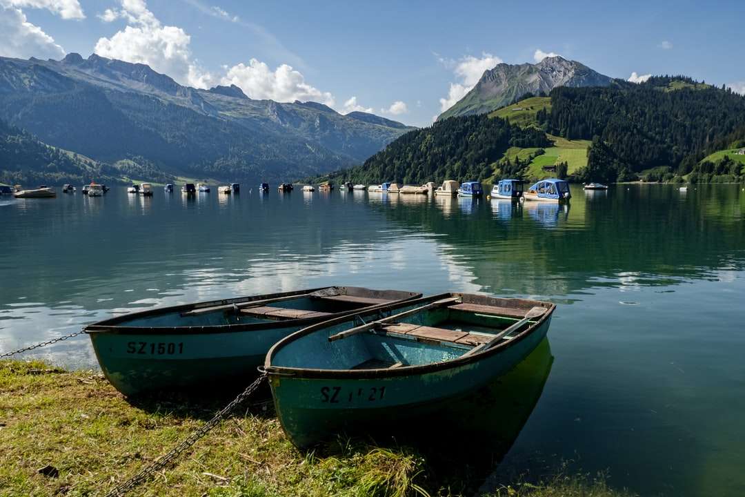 Niebieska i brązowa łódź na zielonej trawie w pobliżu ciała wody puzzle online