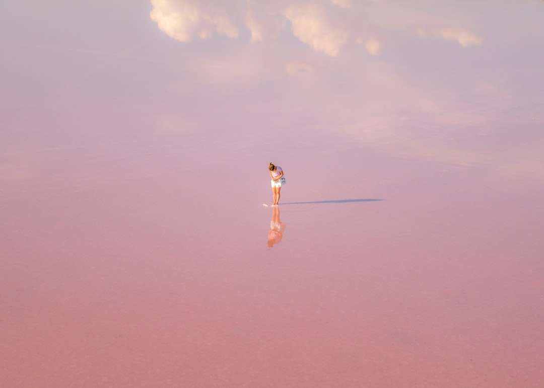 kobieta w białej sukni stojąca na brązowym piasku pod błękitnym niebem puzzle online