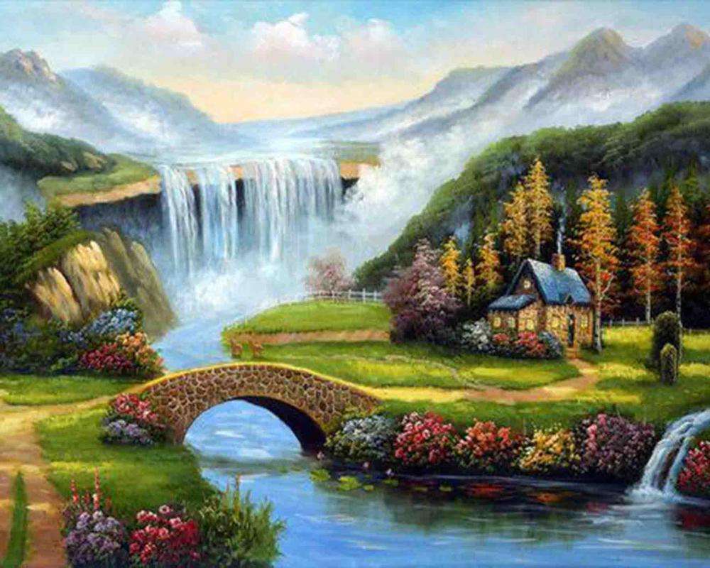 Puzzle with a view of the waterfall in the mountains jigsaw puzzle