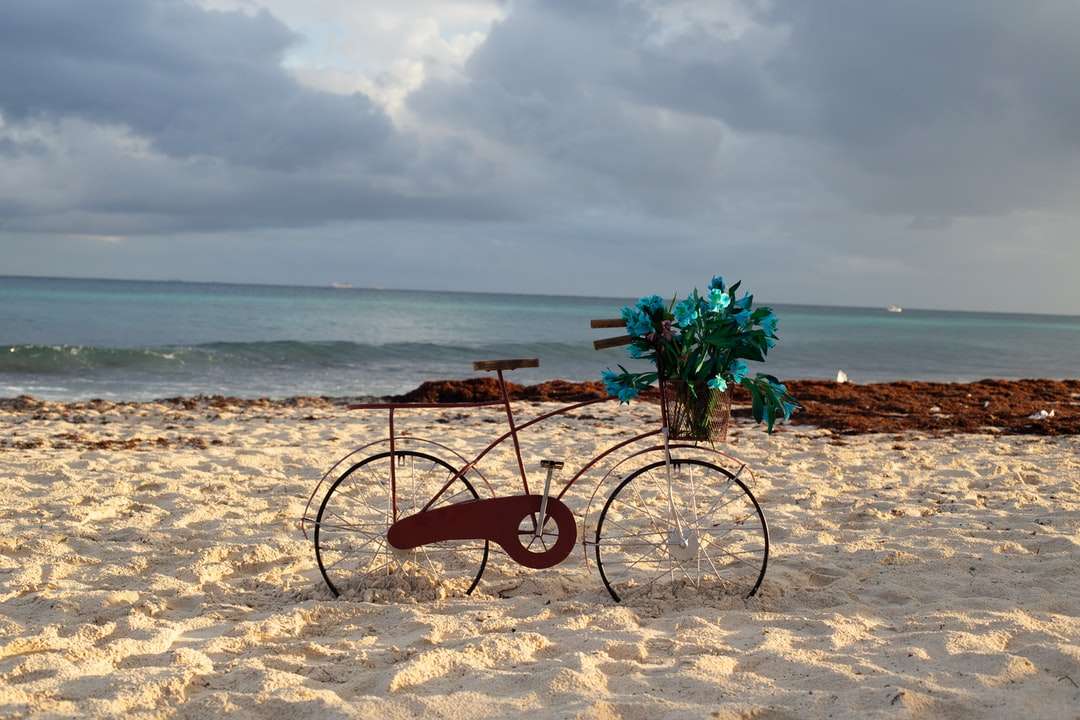 Brązowy bicykl na brązowym piasku blisko ciała wody puzzle online