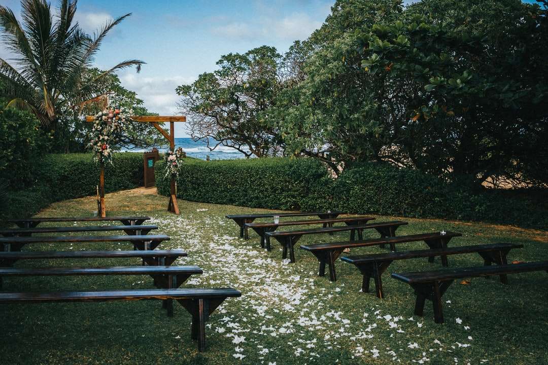 Brązowy drewniany pinkin stół na zielonej trawie polu puzzle online