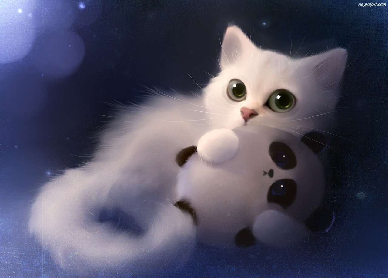 Biała kotka z pluszakiem puzzle online