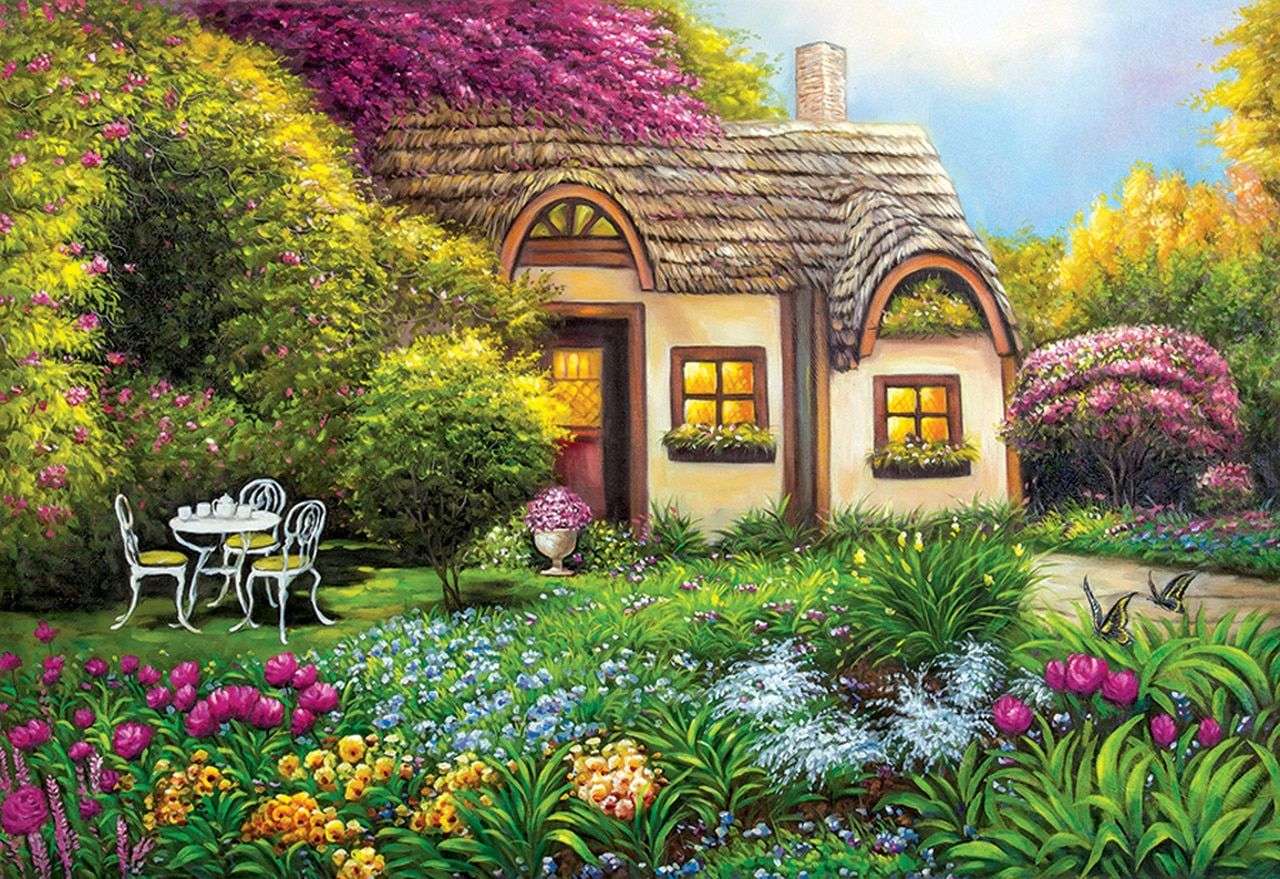 Domek na wsi z ogrodem kwiatowym puzzle online